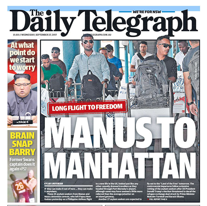 Armani Refugees - Daily Telegraph - Manus Island refugees fly to the US - image by Brian Cassey