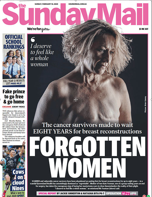 Kate Yeoman awaits breast reconstruction surgery following breast cancer diagnoses - image by Brian Cassey - page 1 Sunday Mail