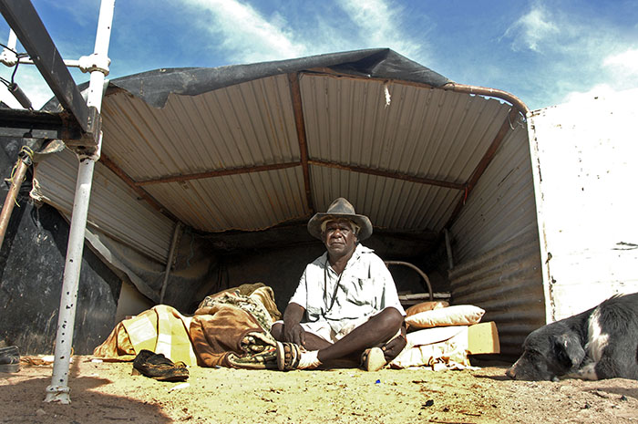 Urandangi Queensland Australia - forgotten indigenous community - the 'Drunk Tank' - pics by Brian Cassey - local Sonny Mick at his 'humpy'