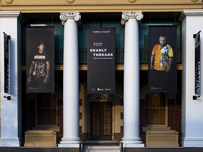 'Deadly Threads' - exhibition of Indigenous shirts by State Library of Queensland at Cairns Art Gallery - still image work by Brian Cassey